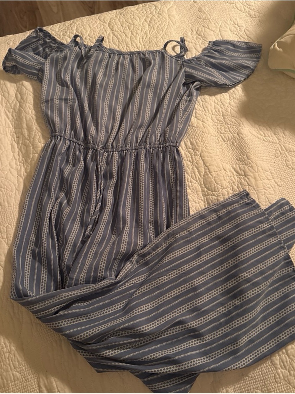 Girls' Blue Striped Off-Shoulder Jumpsuit